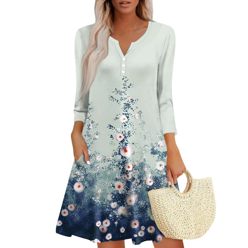 Women's Fashionable V-Neck Button Seven Part Cuff Pocket Floral Dress