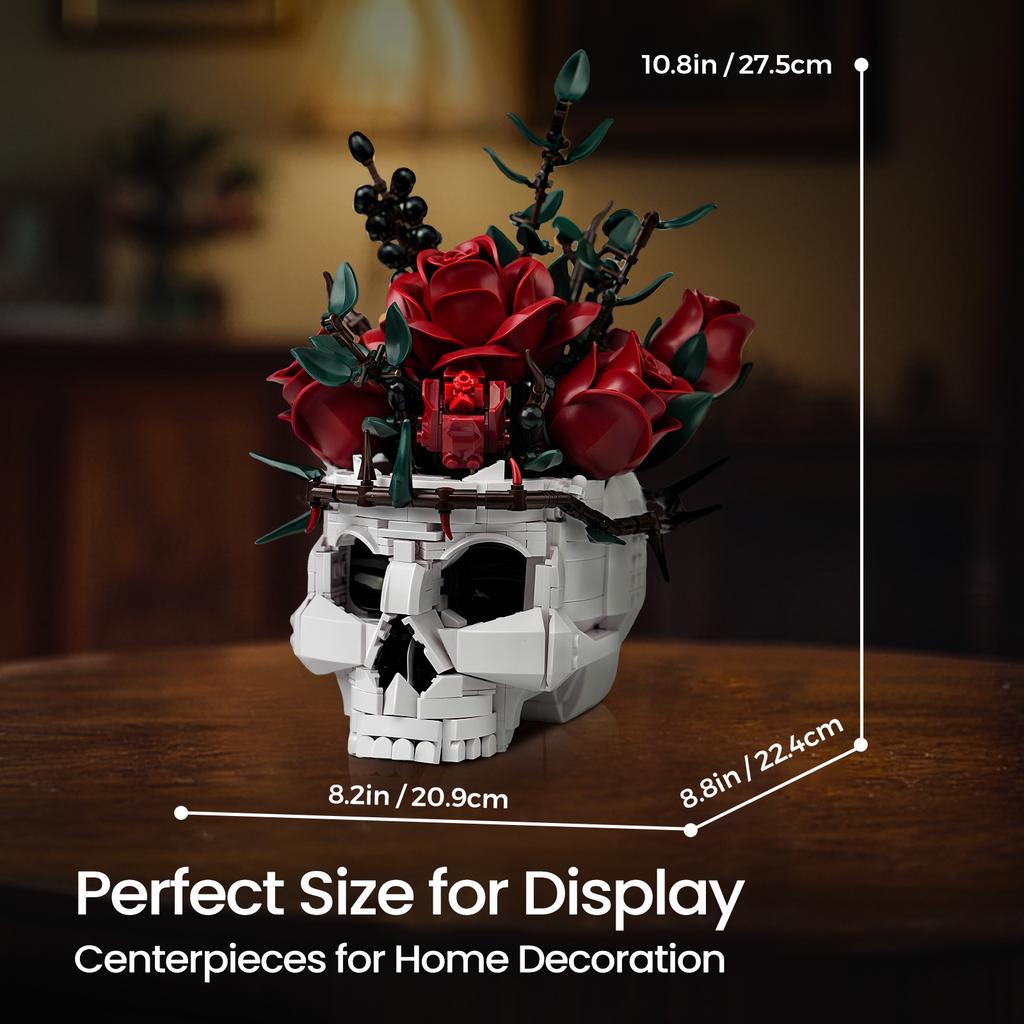 Gothic Skull Rose Bouquet Building Blocks Set Skeleton Flower Pot Bricks Toy Adult Home Decor Horror Aesthetic Gift
