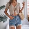 GMXIA Summer Lace-up Cutout Short-sleeved Knitted Cardigan for Vacation Crop Protection Women's Wear