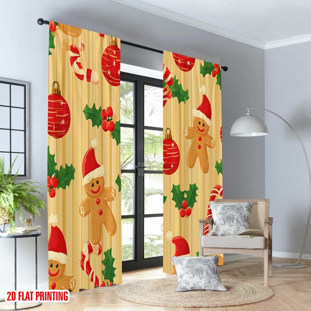 2pcs 2D flat printing Classic Christmas Curtains Christmas Holly Candy Ball Digital Printed Polyester Drapes Family Party Use