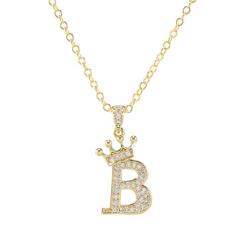 Fashion Cubic Zirconia Crown Letter Pendant Necklace Gold Hip Hop Punk Alphabet Jewelry