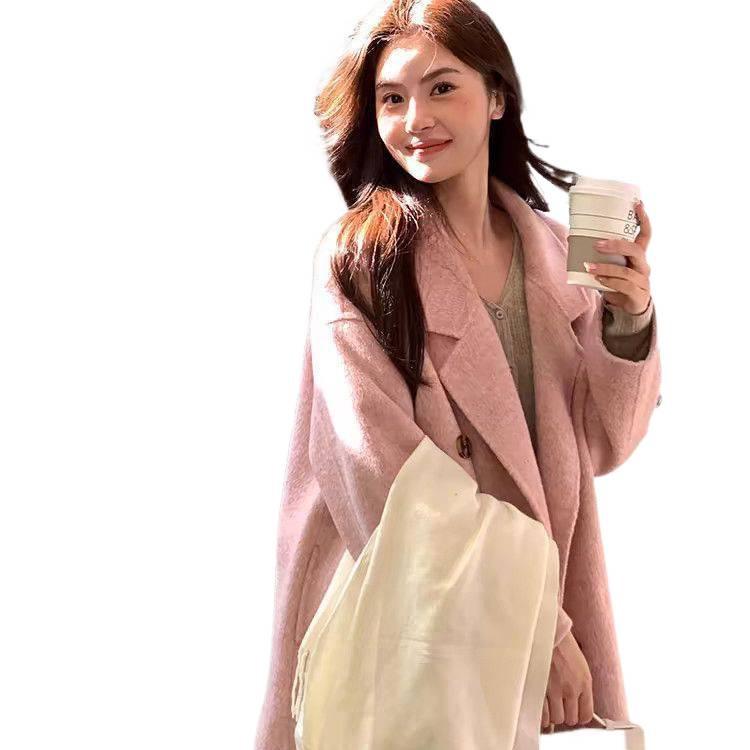 Women's Korean Style Double-Sided Wool Coat - Fashionable, Loose, Slimming, Versatile, Mid-Length, Lazy Style