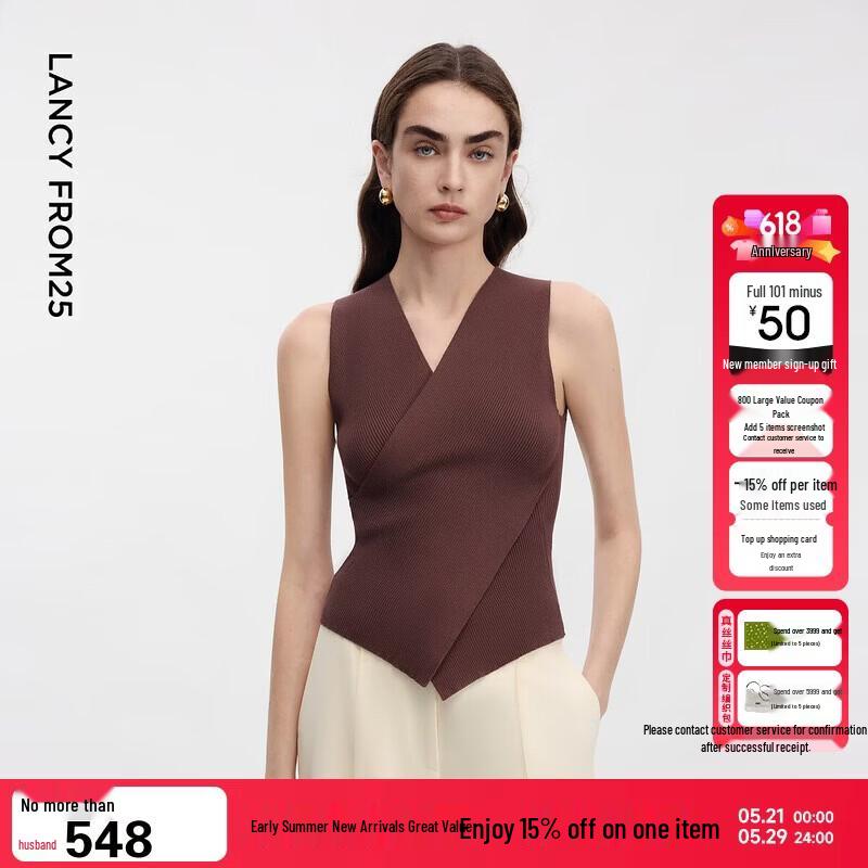 LANCY Elegant V-Neck Sleeveless Knit Top M