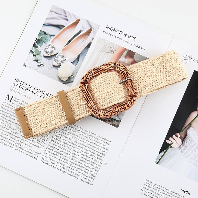 Korean Fashion Women Grass-like Belts Woven Wide Simple Round Button Belts Cotton Linen Elastic Woven High Elastic Dress Belts