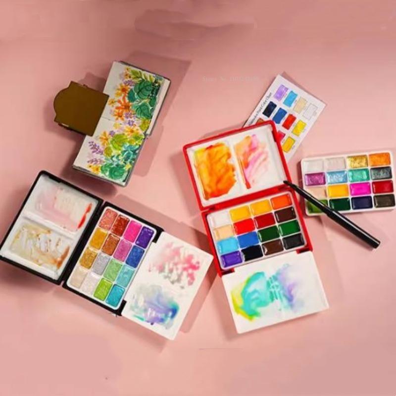32 Colors Solid Pearlescent Mini Water Color Paint Set Portable Folding Box Outdoor Sketch Travel Graffiti Hand-painted Creation