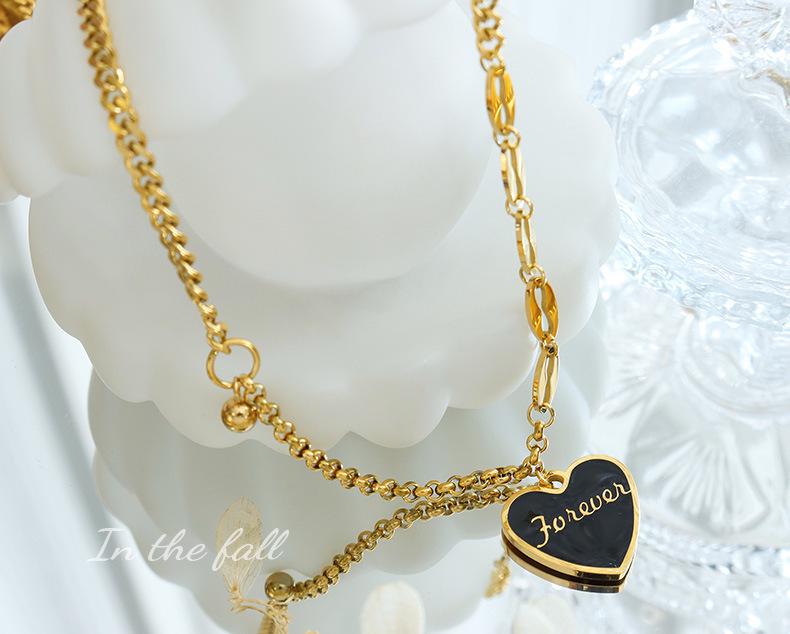 Chic Minimalist Women's Peach Heart Pendant Necklace: European & American Style, Sexy Layered Design with Drip Oil & Steel Beads