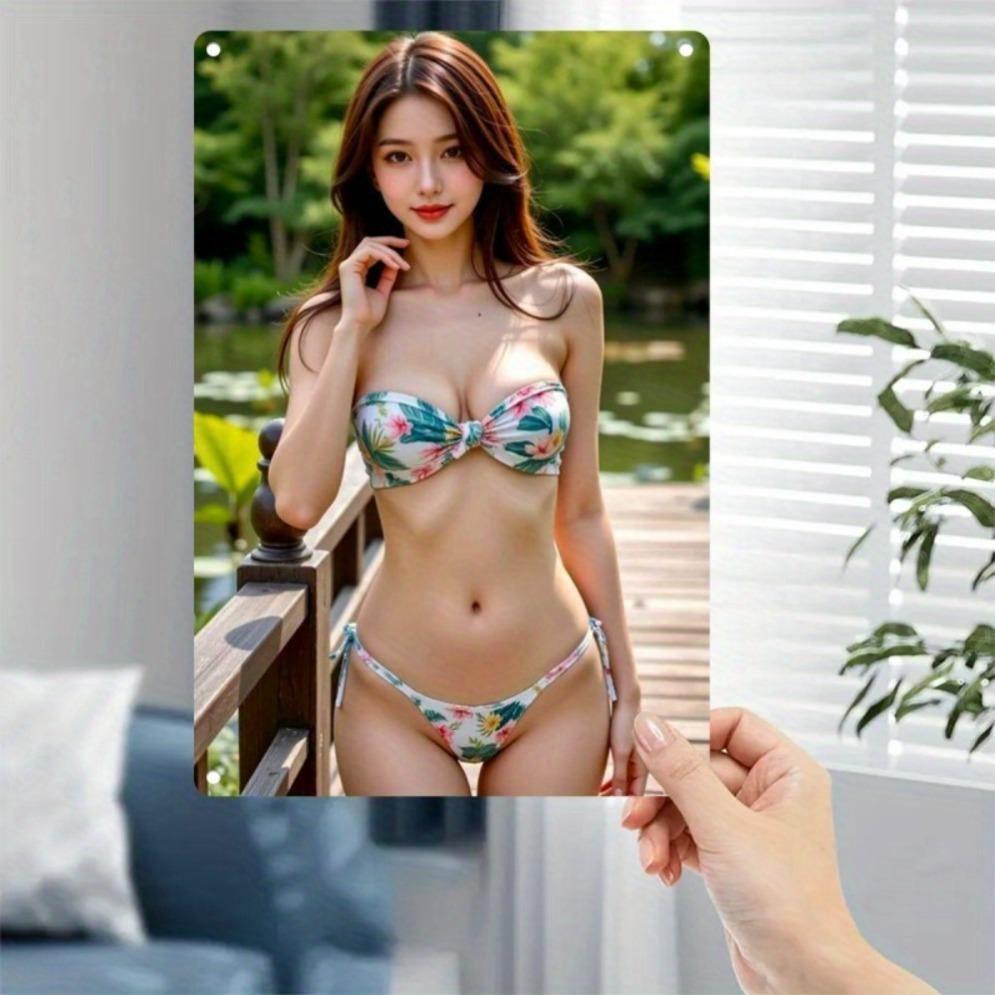 Vintage Kwiatowy Bikini Metalowa Sztuka Ścienna - Różowy i Żelazny Okrągły Znak Aluminiowy, Łatwy do Zawieszenia Dom Kawiarnia Bar Biuro Gospodarstwo Jesienne Dekoracje