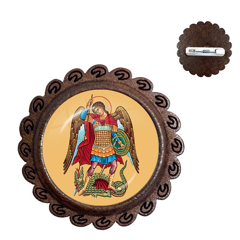 

Glass Dome Wood Brooch Archangel St.Michael Protect Me Saint Shield Protection Charm Russian Orhodox Collar Pins For Holy Gift
