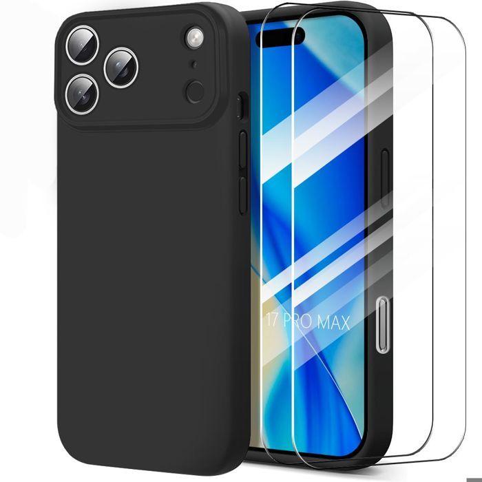 Protective Case - BOOLING - for iPhone 17 Pro Max - Slim Lightweight Anti-Scratch Silicone Black - 2 Screen Protectors