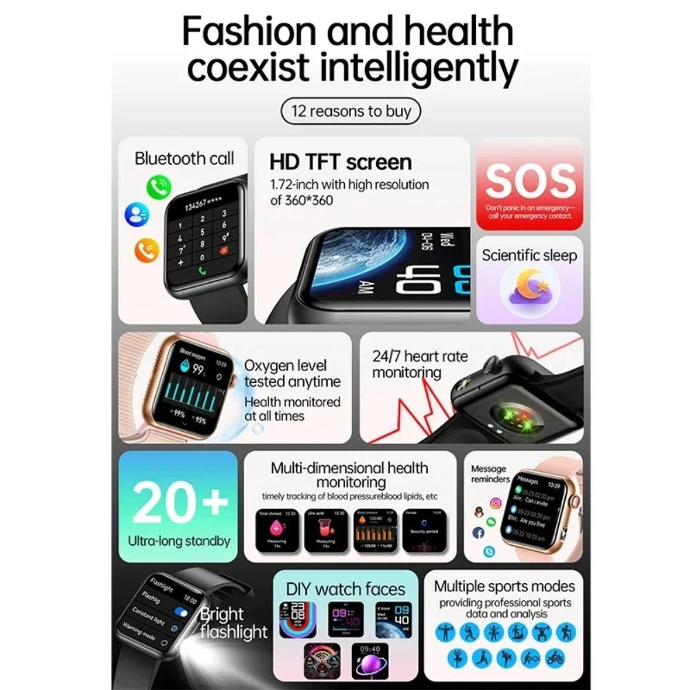 New Voice Assistant Fashion Smart Watch IP68 Waterproof Blood Oxygen Sleep Monitor 1.72''HD Screen Health Monitoring Smart Watch
