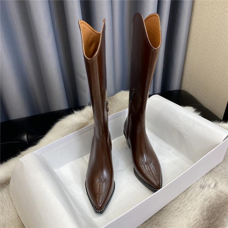 Cowhide version~ leather V-mouth western cowboy boots women's high heel pointed knight boots long boots high boots zipper long boots