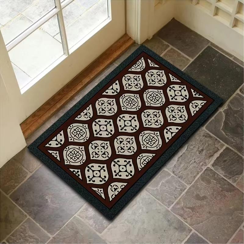 Welcome Theme Door Mat With Retro Natural Wood Stone Woven Geometric Patterns Soft Decorative Entryway Rug For Front Door Decor
