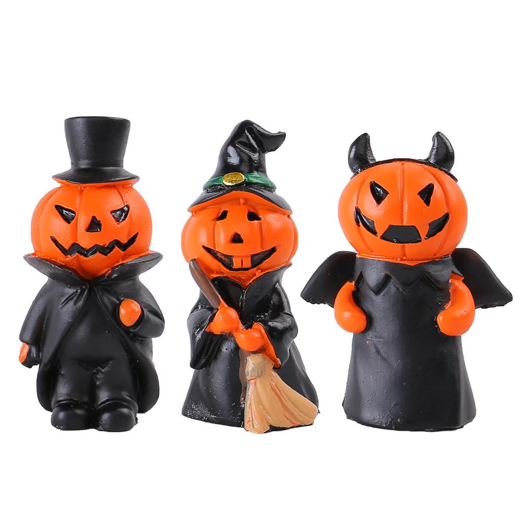 Material Resin Halloween Demon Miniature Figures Decor Set With Pumpkin Broom