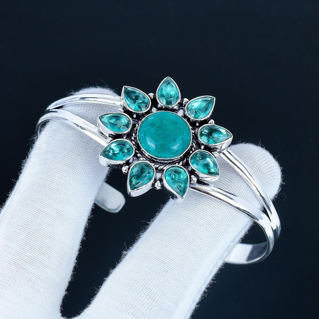 Amazonite Gemstone Handmade Cuff Bangle 925 Sterling Silver Cuff Bangle, indicolite Flower Shape Bracelet For Wife, Unisex Bangle, Wife Gift
