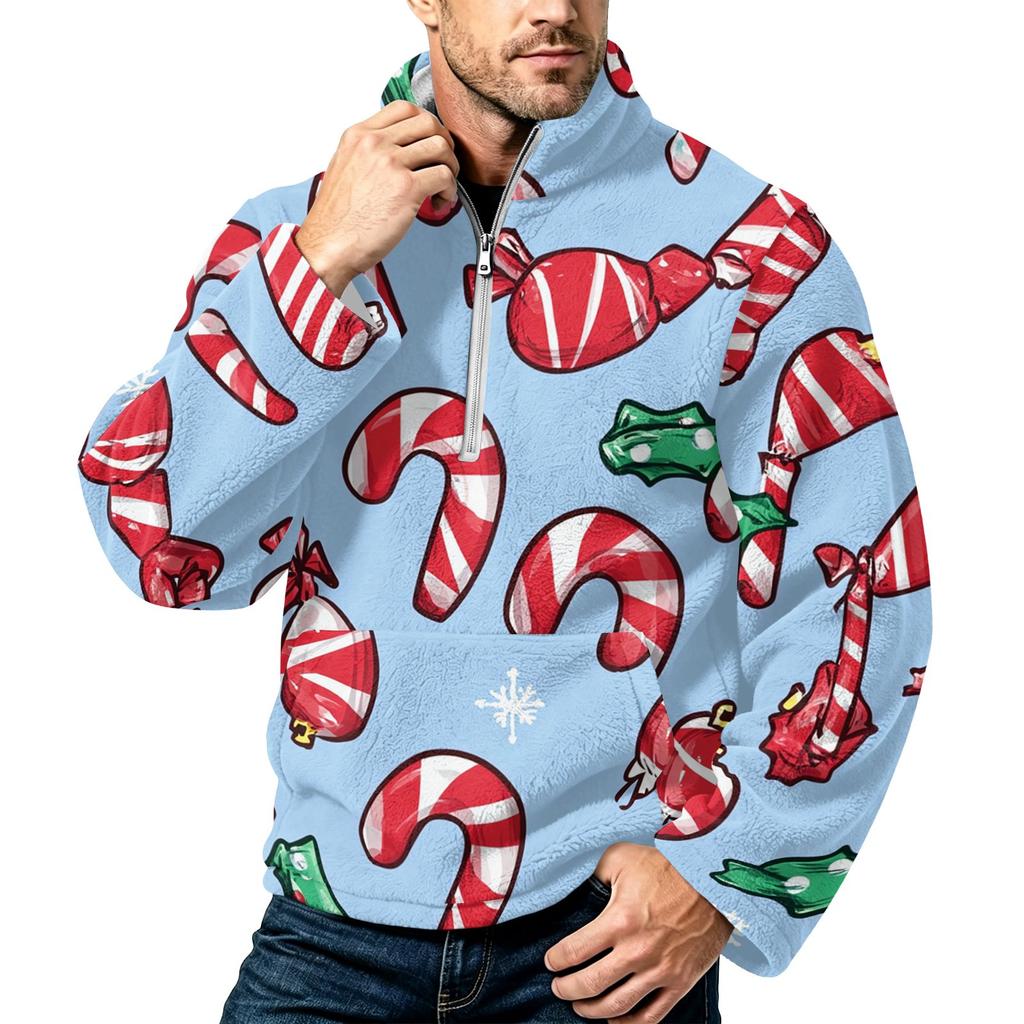 Men's Christmas Print Zip-Up Sweatshirt with Stand Collar, Plus Size Flannel Top for Fall Winter