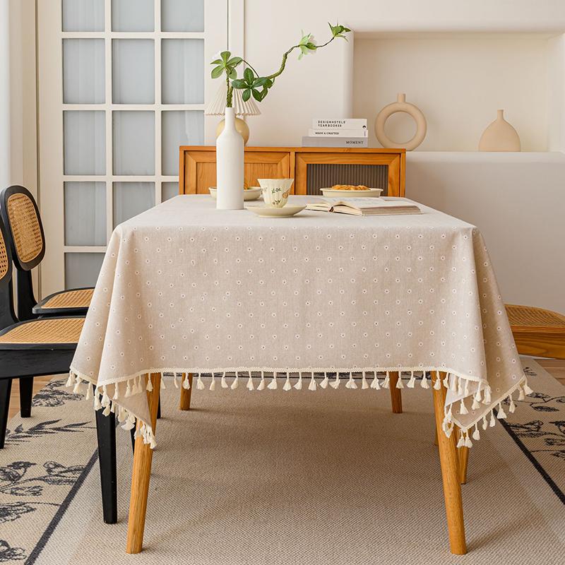 Blue Tablecloths Bohemian Floral Fabric Tassel Rectangle Dust-Proof for Home Decoration Kitchen Holiday Party Dining Table Cover