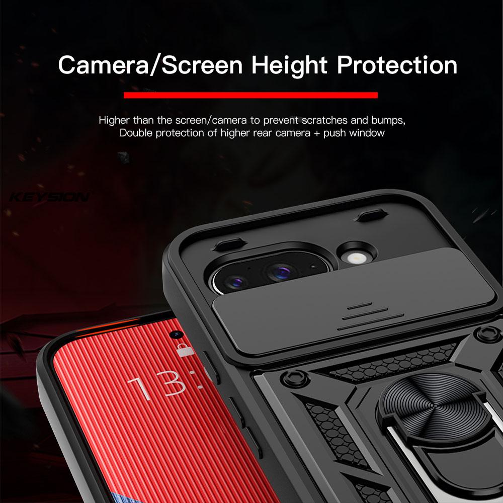 KEYSION Shockproof Armor Case for Google Pixel 9A Silicone+PC Slide Camera Lens Protection Ring Stand Phone Cover for Pixel 9A