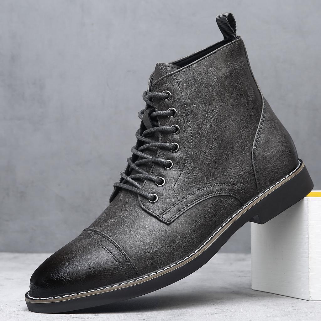 Autumn High-top Men's Lace-up Leather Boots Fashion Casual Lace New Designer Shoes Male Solid Color Ankle Boots Man