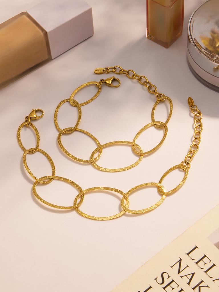 Handmade Hammered Stainless Steel Jewelry Set: Ferris Wheel Circle Necklace, Bracelet & Earrings with Real Gold Plating