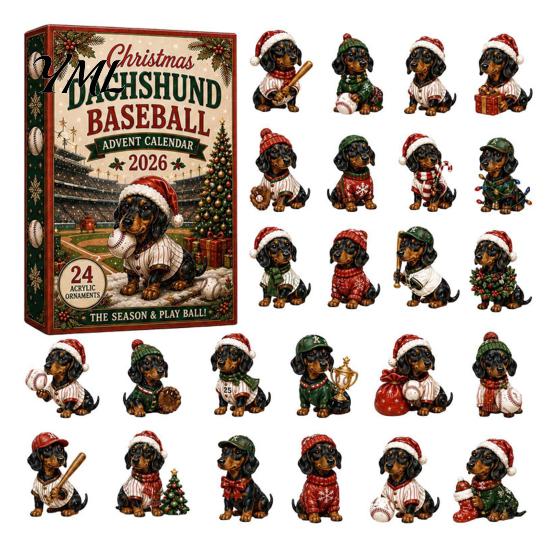 Dog Lover Holiday Advent Gifts 2026 Dachshund Calendar, 24 Days Acrylic Baseball Figures Theme Party Supplies Christmas Countdown Collectible Cartoon