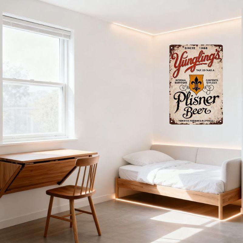 Vintage Yungling’s Plisner Beer Metal Sign with Aged White Background & Rust Patina - Retro Beer Advertisement Decor for Bar, Ca