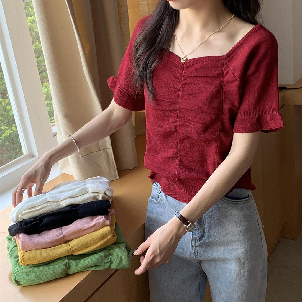 Summer Retro Short Top Dew Collarbone Slim Thin Short-sleeved Knit Shirt Female Casual Summer Essential Comfort and Style Slim Fit Pullovers Tees
