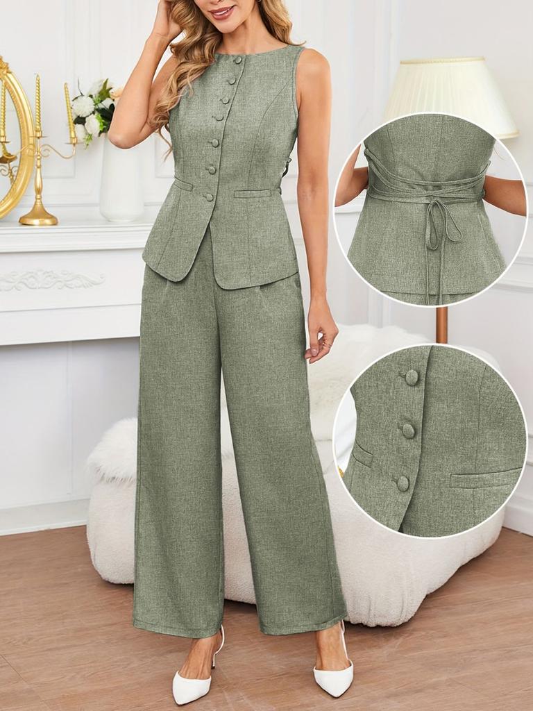 Summer Thin Breathable Women's Two-Piece Outfit - Sleeveless Top with Tie Waist French Wide Leg Pants Fashion Set