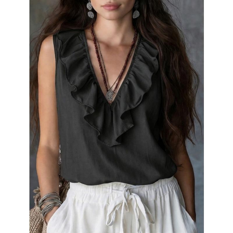

Womens Blue Sleeveless V Neck Blouse With Ruffle Trim Casual Loose Fit Summer Top S чёрный