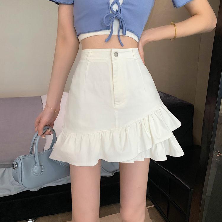 

Летние мини-юбки с оборками, женские винтажные джинсовые милые повседневные милые уличные юбки с высокой талией для девочек S