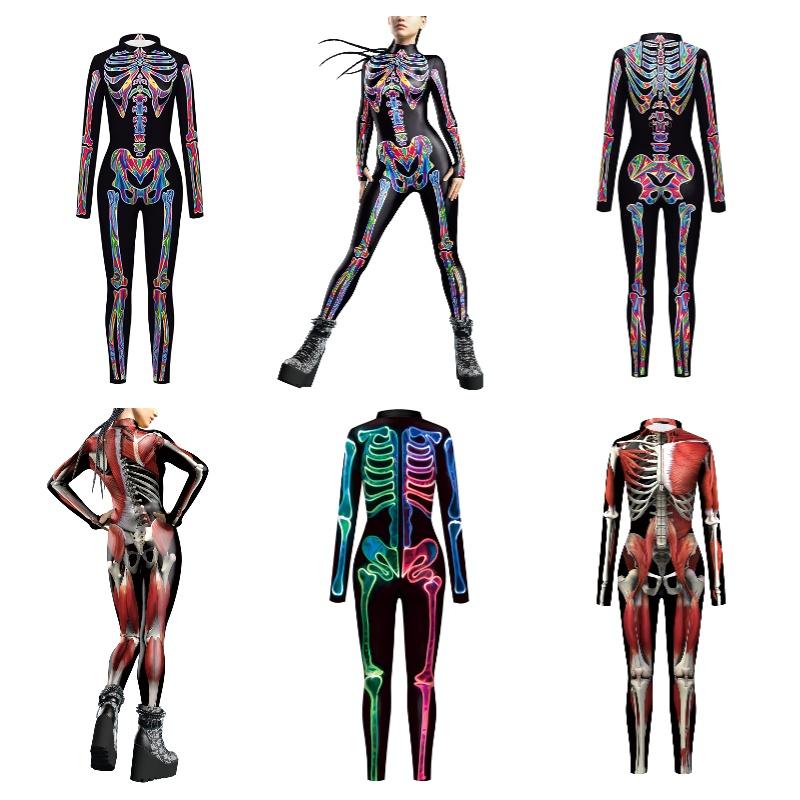 Colorful Skeleton Bodysuit For Halloween Unique Digital Print Jumpsuit