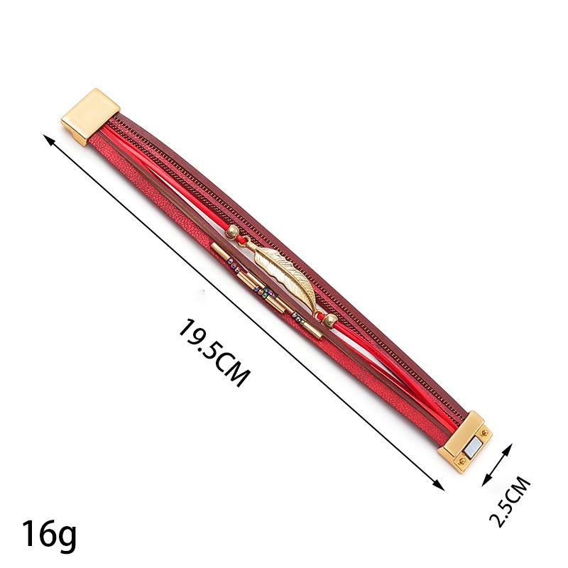 Bohemian Style Multi-layer PU Leather Bracelet Women's Leaf Magnet Buckle Jewelry Accessories