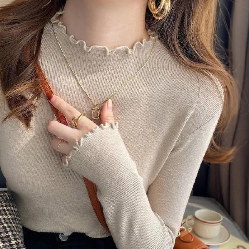 Women's Bottoming Shirt with Autumn and Winter Style New Style Half Turtleneck Sweater Knitted Top with Fungus Edge
