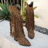 Fashion Western Leopard Fringed Riding Boots Women 2025 Autumn Sexy Pointed Toe High Heel Cowgirls Boots Fashion Knee-High Booties