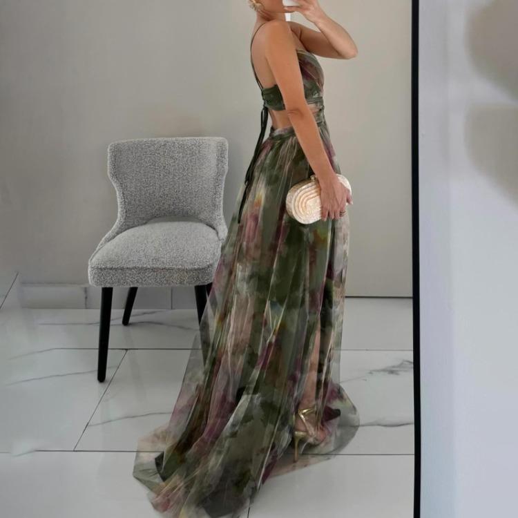 Summer V Neck Casual Party Dress Women Mesh Printed Suspender Holiday Dress