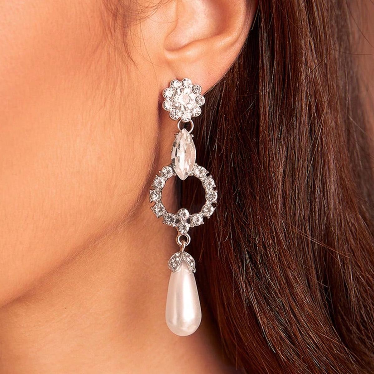 Baroque Elaborate Flower & Rhinestone Pearl Drop Earrings