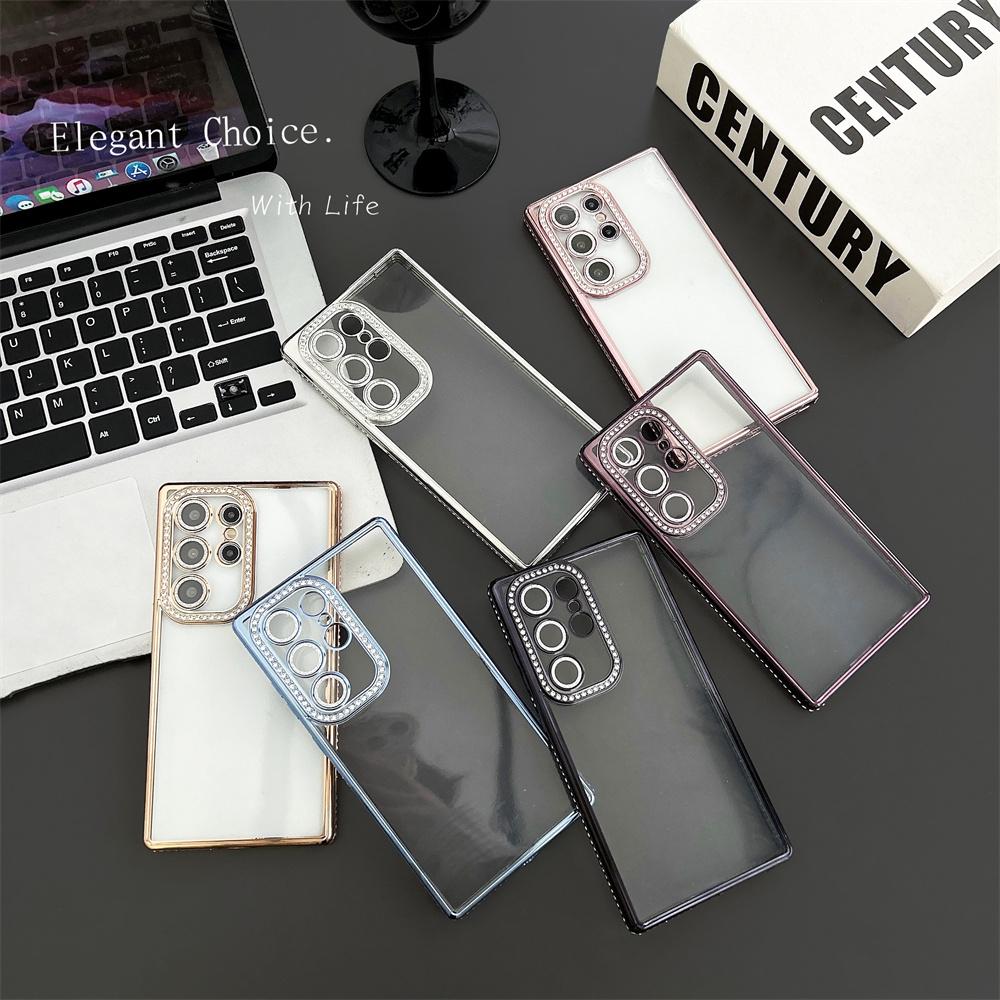 Luxury Plating Glitter Diamond Edge Clear Case For Samsung S24 S23 S22 Ultra Plus Camera Protection Transparent TPU Soft Cover