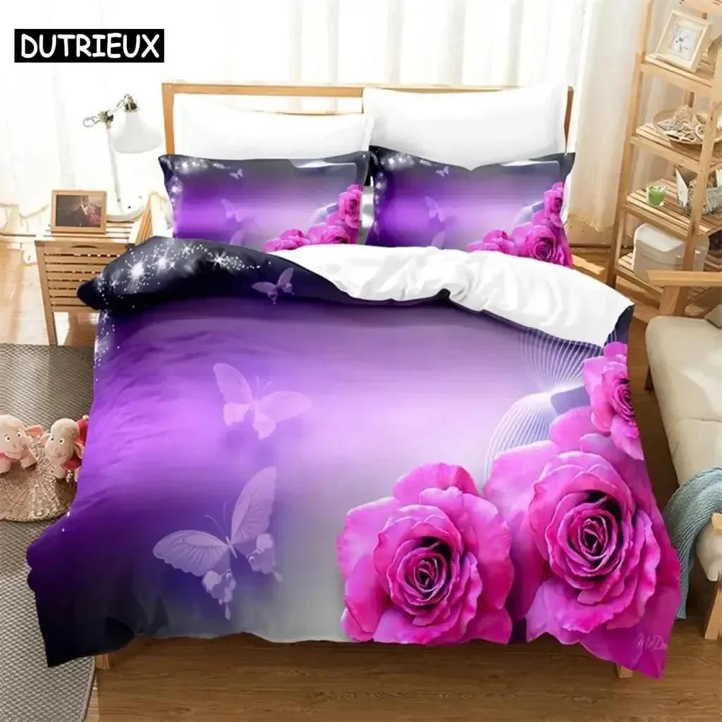 Luksusowy Nowy Nadruk 3D Fioletowy Kwiat Wygodny Pokrowiec na Kołdrę Poszewka na Poduszkę Zestaw Pościeli Dekoracja Sypialni Dziecięcej Tekstylia Domowe