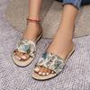 Foreign trade large size printed flat-bottomed slippers fabric soft bottom breathable comfortable texture one-word slippers slippers