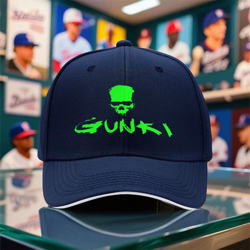 1pc of Unisex Seasonal Baseball Cap New Style Hat with GUNKI Skull Print Breathable Black FlatBrimmed Cap for Outdoor Use