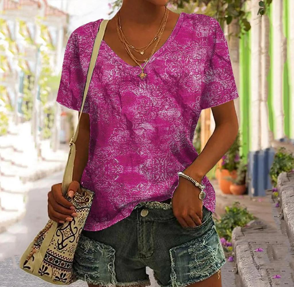 S-8XL Plus Size Women T Shirt 3d Flower Print V-neck Short Sleeve Tees Tops Summer Fashion Pullover T-shirts For Women Clothing