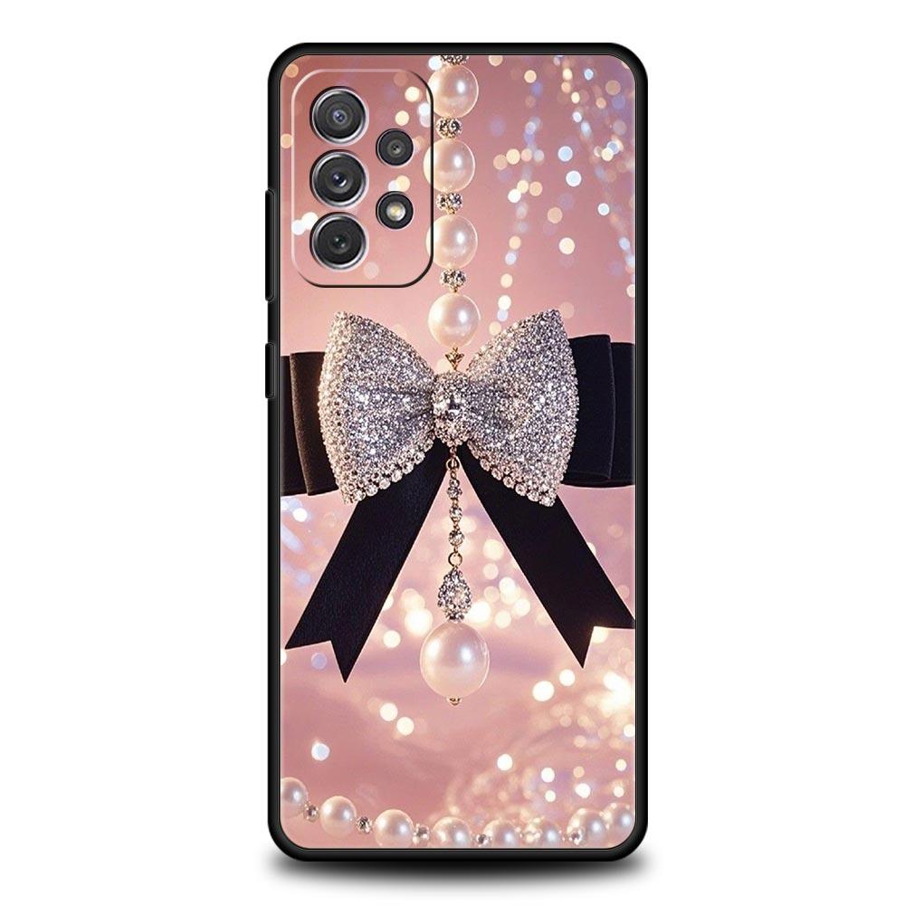

Phone Case for Samsung Galaxy A13 A15 A17 A07 A21S A22 A23 A25 A31 A73 A32 A52 A41 5G Soft TPU Black Bowknot Faux Pearl Painted Samsung A35