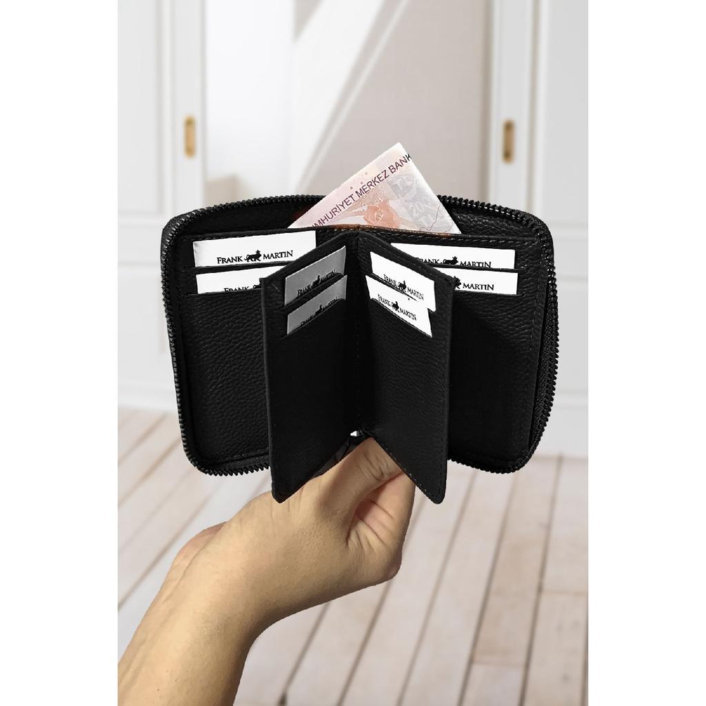 Stilvolles schwarzes Kartenetui aus Leder mit originellem Geldfach mit Reißverschluss und Geschenkbox