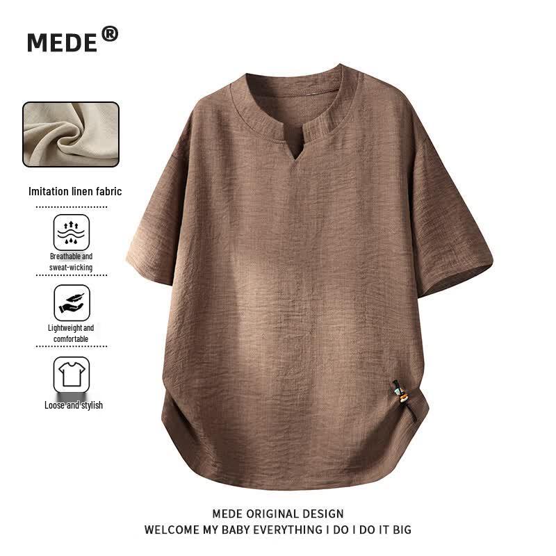 MEDE Men s British Style Faux Linen V-Neck Short Sleeve T-Shirt L
