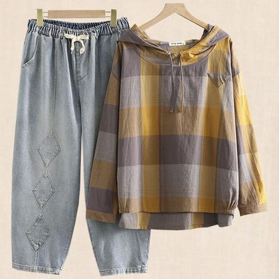 Sudadera con capucha de manga larga para mujer, camiseta, vaqueros, traje informal, talla grande, pantalones harén, traje de dos piezas