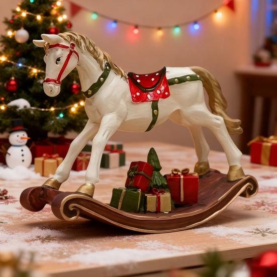 Hand-painted Rocking Horse Statue Vintage Wooden Horse Figurine Resin Pony Sculpture Home Office Desktop Decoration Ornament