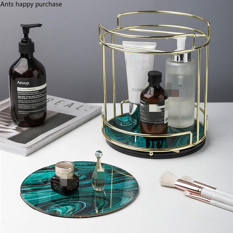 Wrought iron glass Double storage rack Round cosmetic rack Rotatable shelf Bathroom Shelves organizer Cake stand Dessert plate