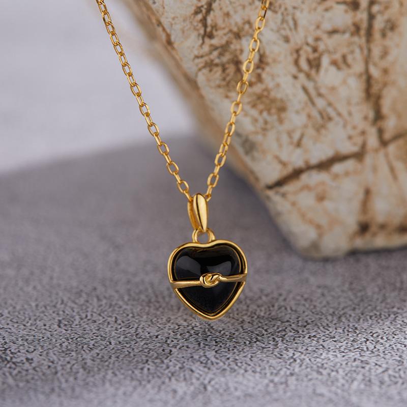Original Design S925 Sterling Silver Inlaid With Natural Black Agate Heart-Shaped Love Special-Shaped Ring For Women'S Niche Light Luxury Index Finger