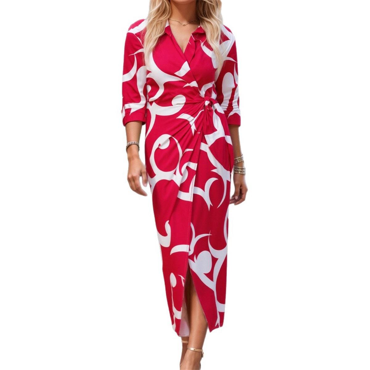 

Женское платье с длинным рукавом, V-образным вырезом, принтом, лацканом и завязкой на талии, длинная юбка рубашечного стиля 2XL красный