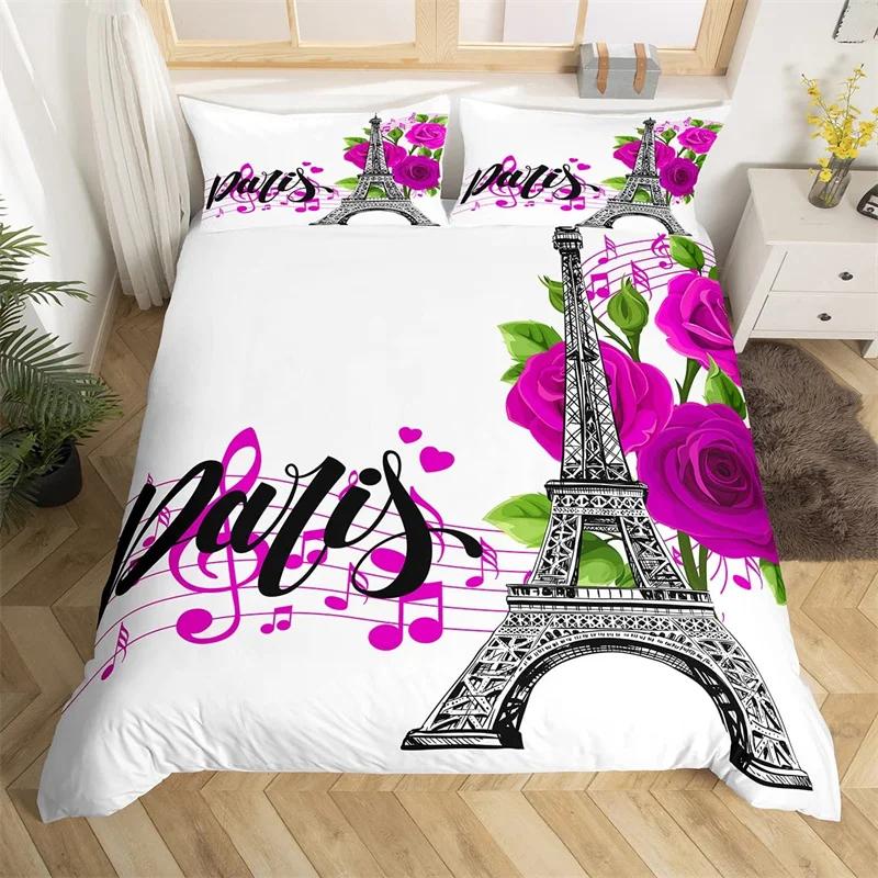 Paris Eiffel Tower Duvet Cover Set Twin King Cherry Blossoms Comforter Cover Microfiber Romantic Theme Bedding Set For Girl Teen