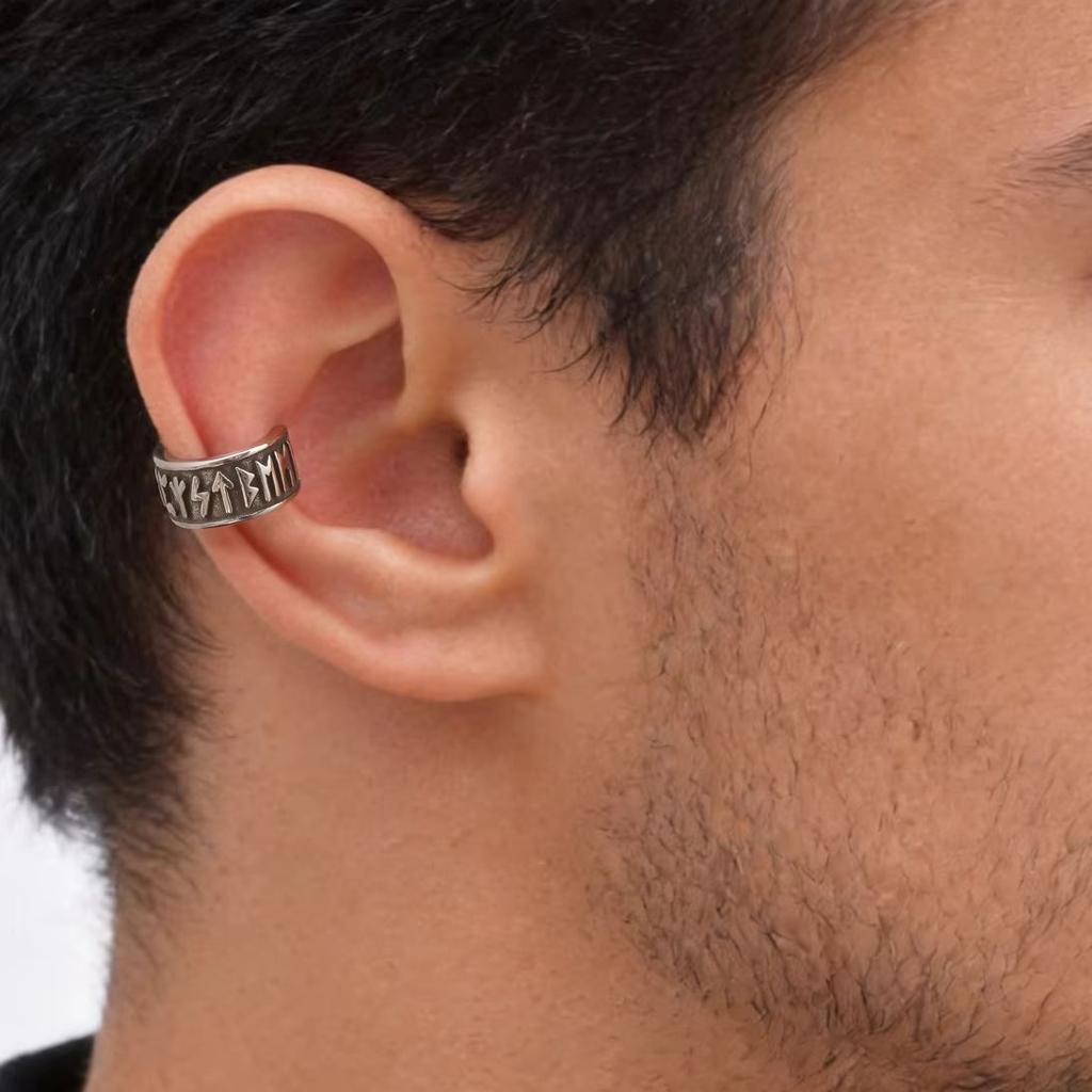 Punk Vintage Norse Viking Rune Ear Cuff for Men, Stainless Steel Fake Piercing Clip On Earrings, Stylish Unique Jewelry Gifts